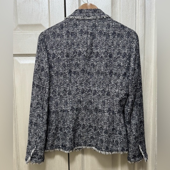 Talbots Women Size 4 Navy Blue White Boucle Tweed Fringe One Button Blazer - Picture 4 of 15